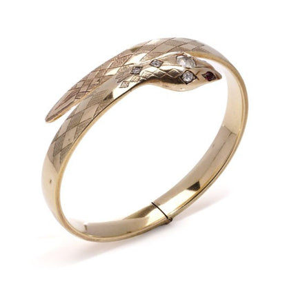 Vintage 9ct Yellow Gold Snake Bracelet with Diamond and Ruby