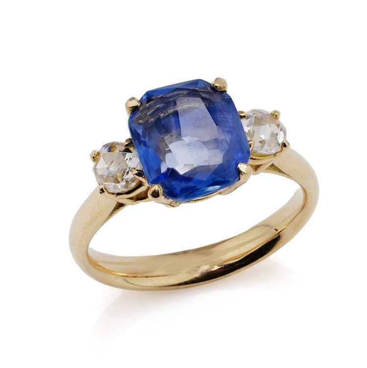 Vintage 2.50ct Cushion Cut Sapphire and Rose Cut Diamond Trilogy Ring