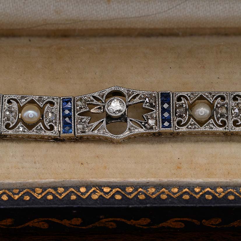 Edwardian Antique Natural Pearl Diamond and Sapphire Filigree Bracelet