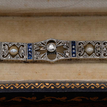 Edwardian Antique Natural Pearl Diamond and Sapphire Filigree Bracelet