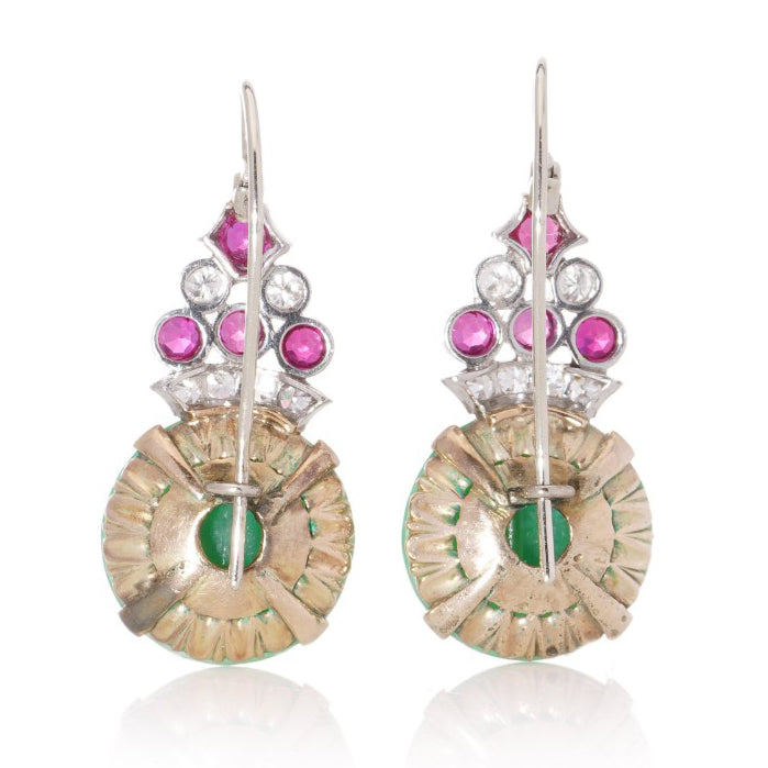 Vintage Jadeite Jade Ruby and Diamond Cluster Drop Earrings
