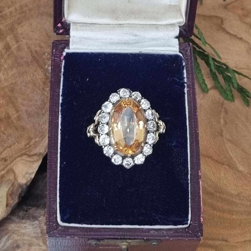 Victorian Antique 6.73ct Imperial Topaz and 1.60ct Old Cut Diamond Cluster Ring