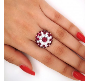 Vintage 1950's Ruby, Diamond and Platinum Bombé Cluster Cocktail Ring, 3.50 carat total