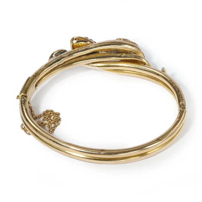 Victorian Antique Ruby Sapphire Diamond Gold Double Head Snake Bangle Bracelet
