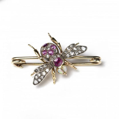 Antique Victorian Diamond, Ruby and Opal Bee Brooch