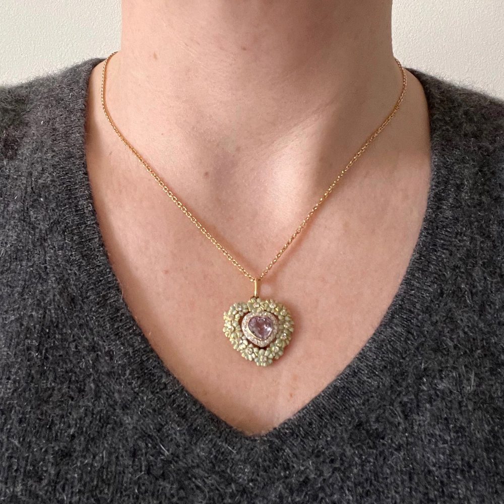 1.70ct Morganite Heart Enamel and Diamond Flower Cluster Pendant