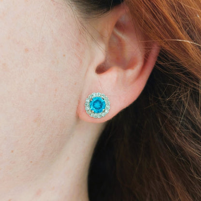 5ct Electric Blue Zircon and Diamond Cluster Stud Earrings