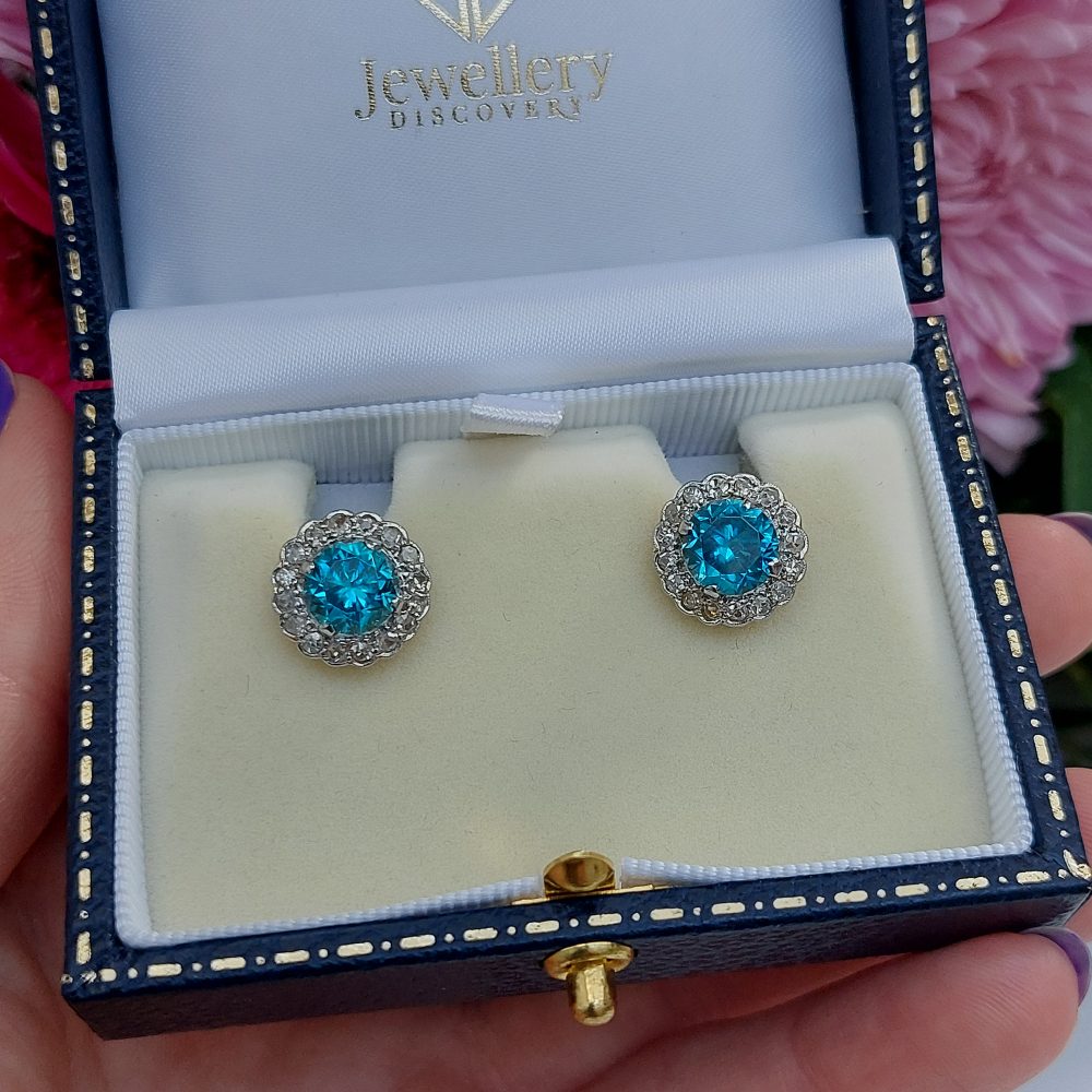 5ct Electric Blue Zircon and Diamond Cluster Stud Earrings