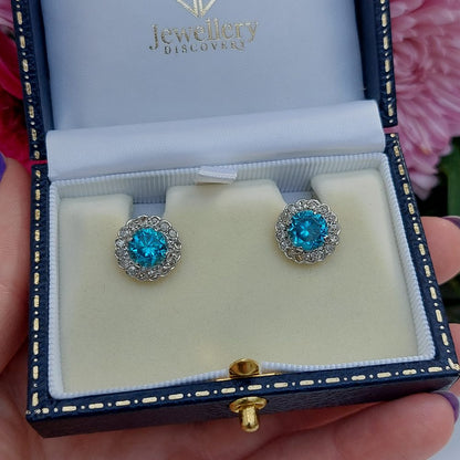 5ct Electric Blue Zircon and Diamond Cluster Stud Earrings