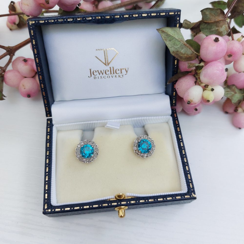 5ct Electric Blue Zircon and Diamond Cluster Stud Earrings