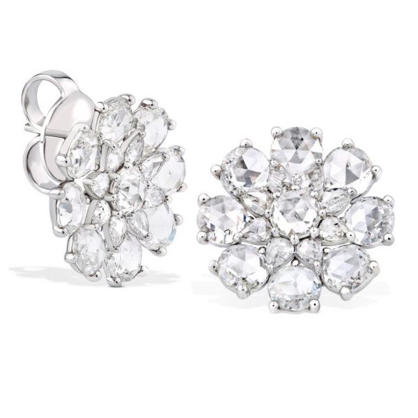 Rose Cut Diamond Flower Stud Earrings, 5.83 carat total, 18ct White Gold