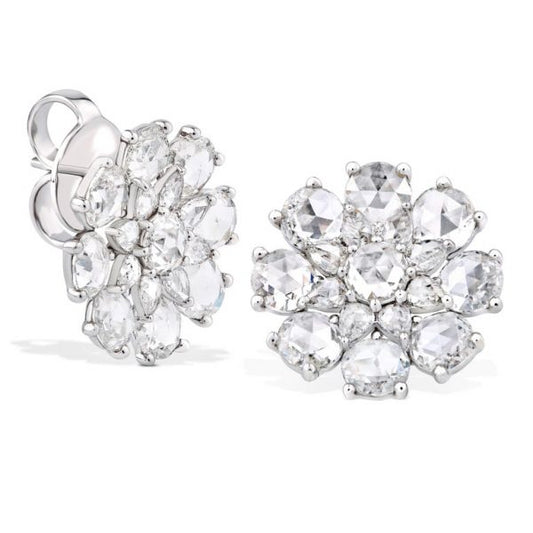 Rose Cut Diamond Flower Stud Earrings, 5.83 carat total, 18ct White Gold