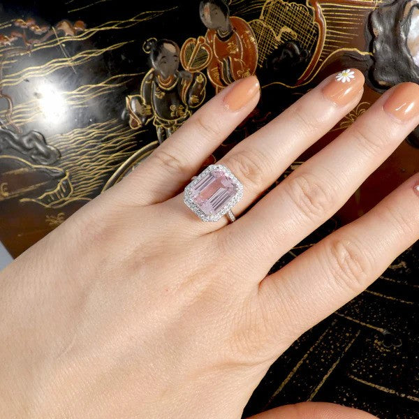 8.38ct Emerald Cut Pink Kunzite and Diamond Cluster Ring