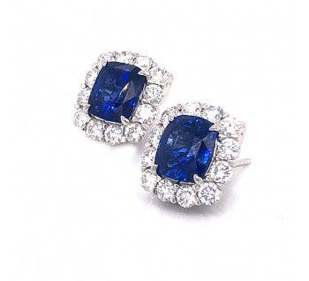 Sapphire and Diamond Cluster Stud Earrings, 6.95 carat total, Platinum