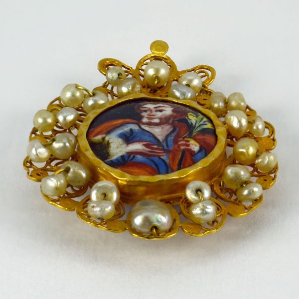 Antique Devotional Saint Joseph Yellow Gold, Pearl and Enamel Pendant