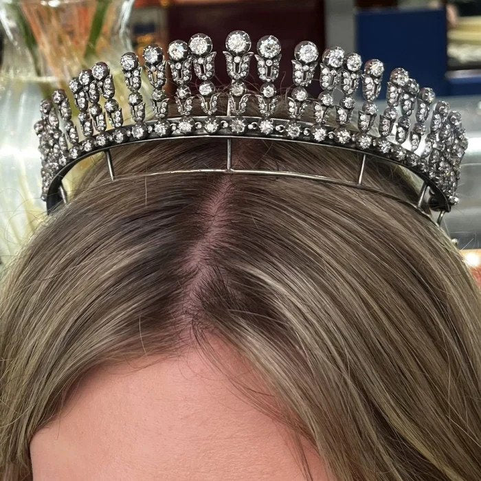 Edwardian Antique Old Cut Diamond Tiara come Fringe Necklace, 35.44 carat total