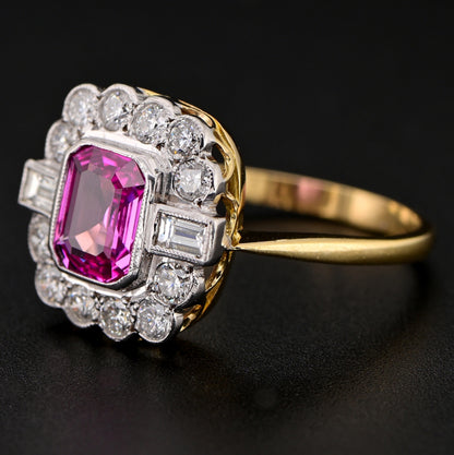 Art Deco Certified 1.40ct Natural No Heat Madagascan Pink Sapphire and Diamond Cluster Engagement Ring