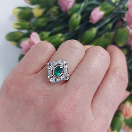 Art Deco Style Emerald and Diamond Cluster Plaque Ring