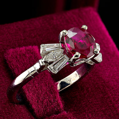 Vintage Certified 1.62ct Natural Burma Ruby and Diamond Bow Cluster Engagement Ring