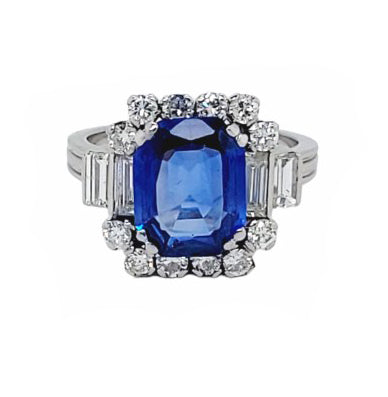 Vintage 3ct Natural Ceylon Sapphire and Diamond Cluster Engagement Ring in Platinum Circa 1940