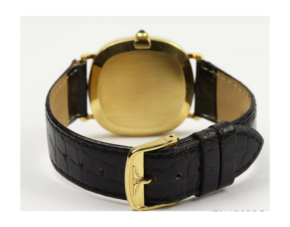 Longines Vintage 1970's 18ct Yellow Gold Manual Watch, 31mm gold case, black dial with four diamond hour markers, Longines black leather strap