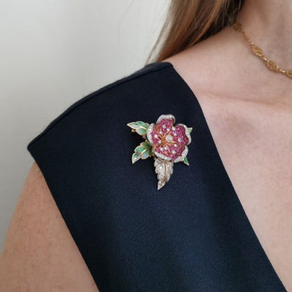 Ruby, Diamond and Plique A Jour Enamel Rose Flower Brooch