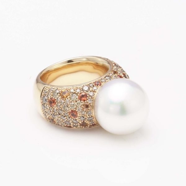 South Sea Pearl Domed Cocktail Ring with Diamonds and Orange and Yellow Sapphires, Signed Schoeffer