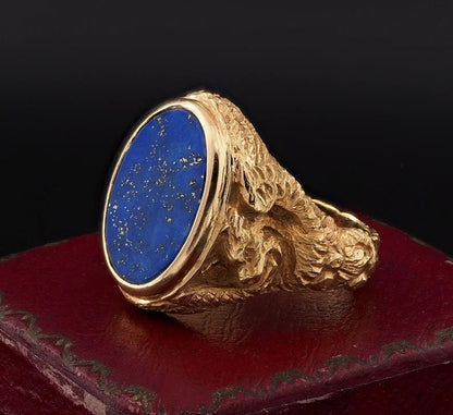 Vintage Retro Lapis Lazuli and Sculptured Gold Gents Signet Dress Ring