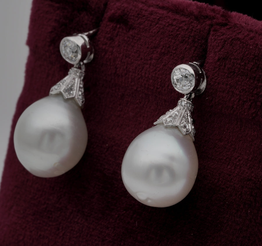 Art Deco South Sea Pearl and Diamond Drop Earrings