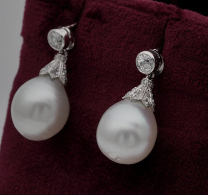 Art Deco South Sea Pearl and Diamond Drop Earrings