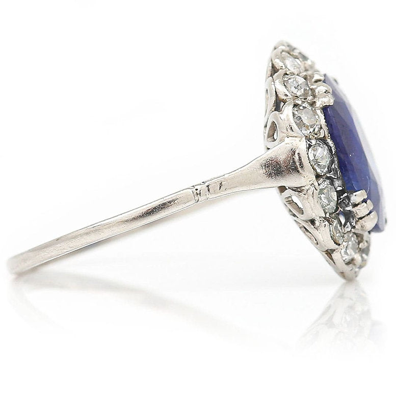 Art Deco 2.8ct Oval Sapphire and Old Mine Cut Diamond Cluster Ring in Platinum