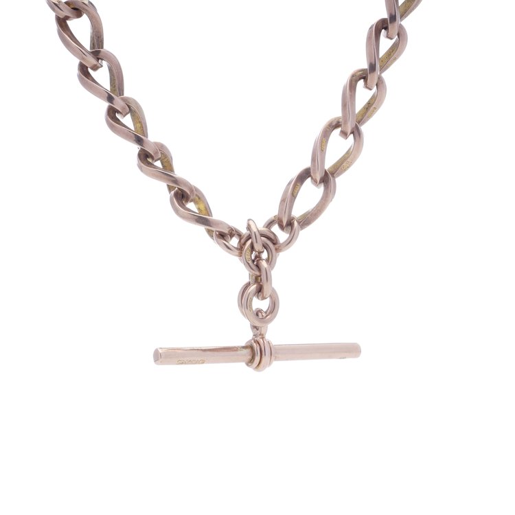 Victorian Antique 9ct Gold Albert Chain Necklace with T-bar and double swivel clasps. Circa 1890s