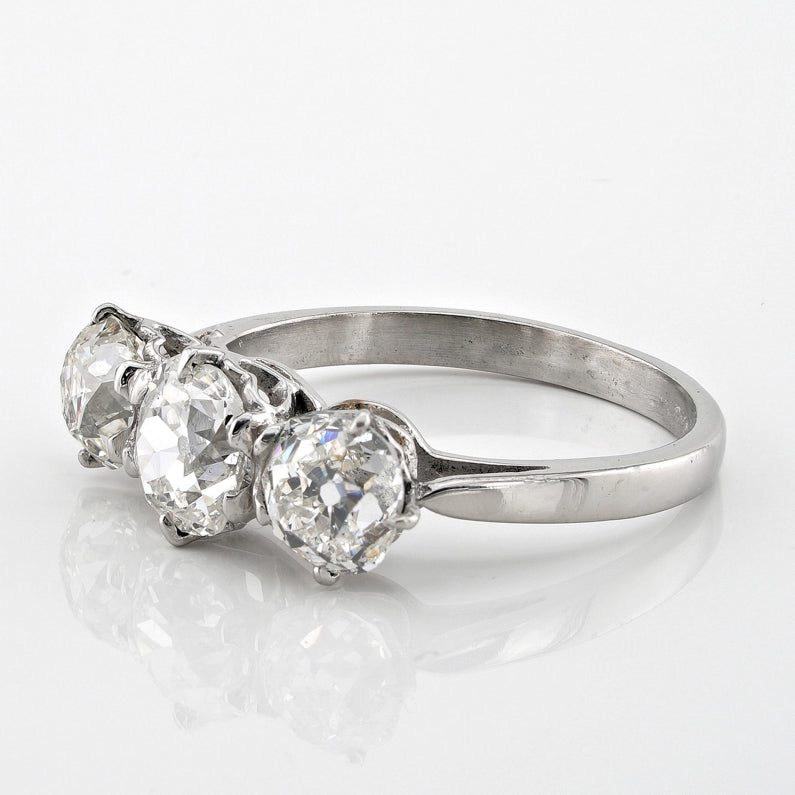 2.90ct Old Mine Cut Diamond Three Stone Engagement Ring in Platinum