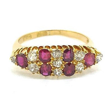 Ruby and Diamond Navette Shaped Cluster Dress Ring in 18ct Yellow Gold