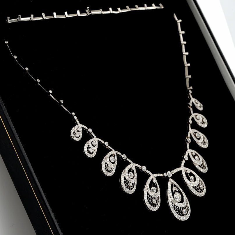 Edwardian Antique 8.50ct Old Cut Diamond Graduated Cluster Drop Necklace in Platinum