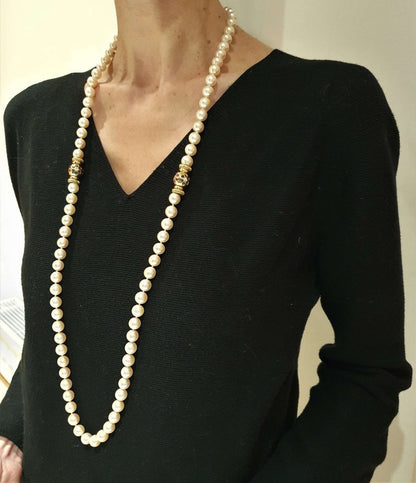 Vintage 1980s Italian Akoya Pearl Long Necklace with Gem Set Clasps with Sapphire Rubies Diamonds