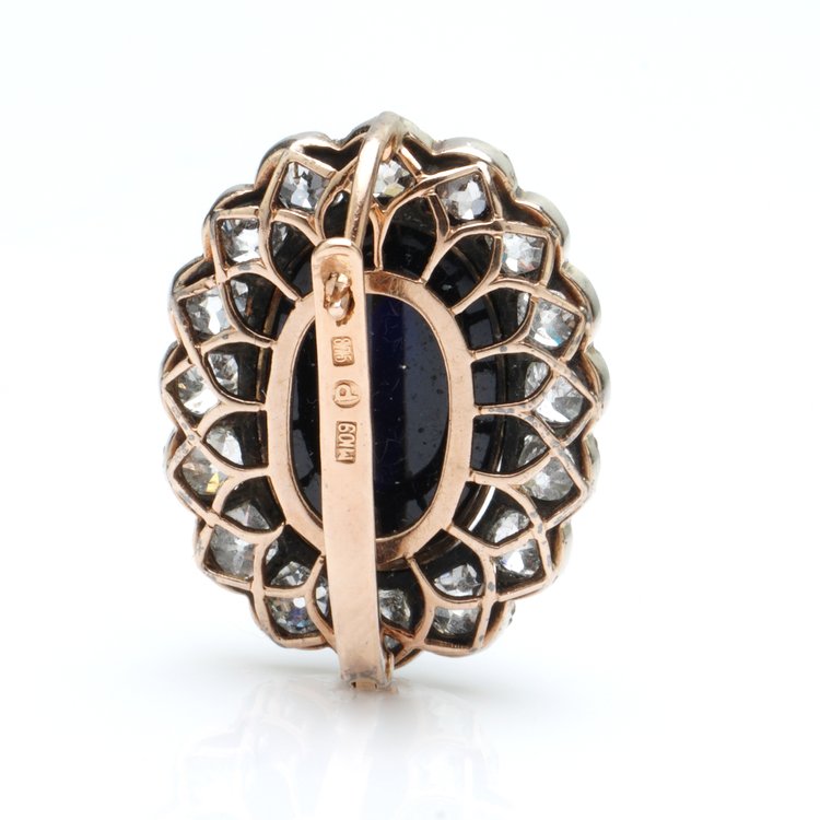 Antique Russian Cabochon Sapphire and Diamond Cluster Earrings