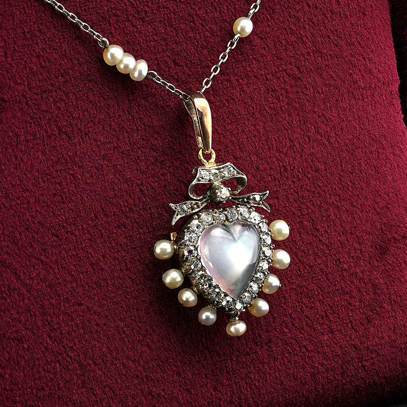 Victorian Antique Carved 3ct Moonstone Heart 1.40ct Old Mine Cut Diamond and Natural Pearl Pendant come Brooch