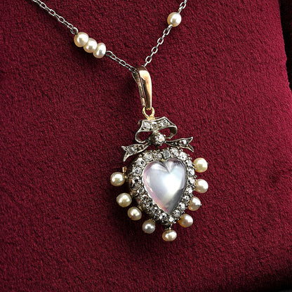 Victorian Antique Carved 3ct Moonstone Heart 1.40ct Old Mine Cut Diamond and Natural Pearl Pendant come Brooch