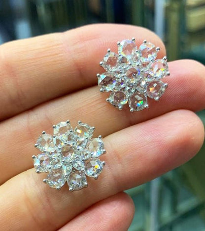 Rose Cut Diamond Flower Stud Earrings, 5.83 carat total, 18ct White Gold