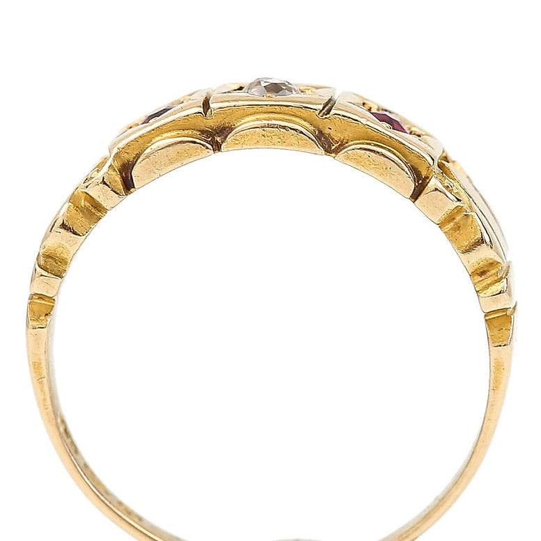 Victorian Antique Ruby and Old Mine Cut Diamond Three Stone Gypsy Ring