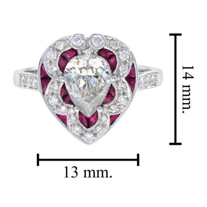 GIA Certified 1.05ct Pear Cut Diamond and Ruby Heart Shaped Cluster Ring