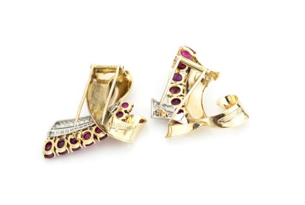 Vintage Trabert and Hoeffer Mauboussin Retro 9.00ct Ruby and Diamond Double Clip Brooch, in 14ct yellow gold, Signed, Circa 1940s