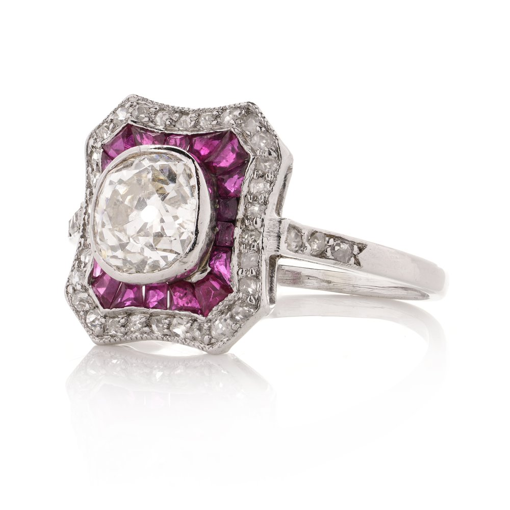 Art Deco 1.50 Old Mine Cut Diamond and Ruby Cluster Ring in Platinum