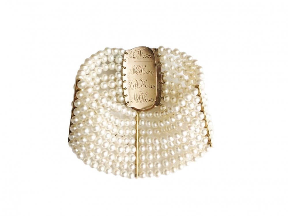 Antique Georgian Pearl Bracelet with Blue Enamel Clasp, 18th century dated 1781