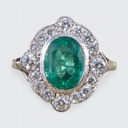 Art Deco Style Emerald and Diamond Cluster Plaque Ring, 1.35cts