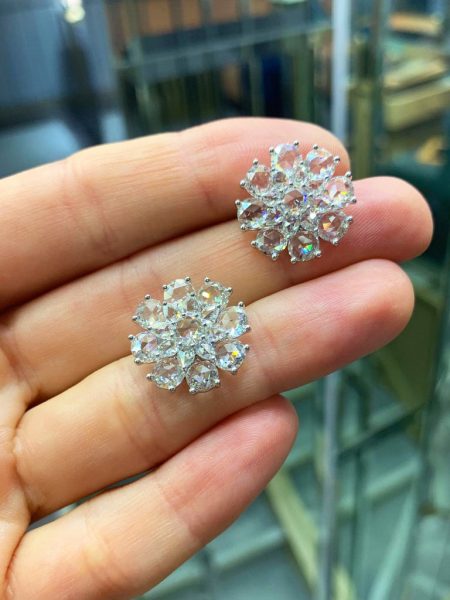 Rose Cut Diamond Flower Stud Earrings, 5.83 carat total, 18ct White Gold