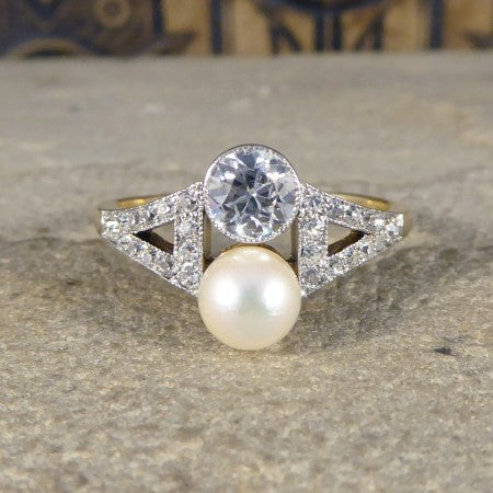 Antique art deco pearl diamond two stone ring
