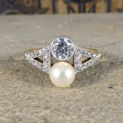 Antique art deco pearl diamond two stone ring