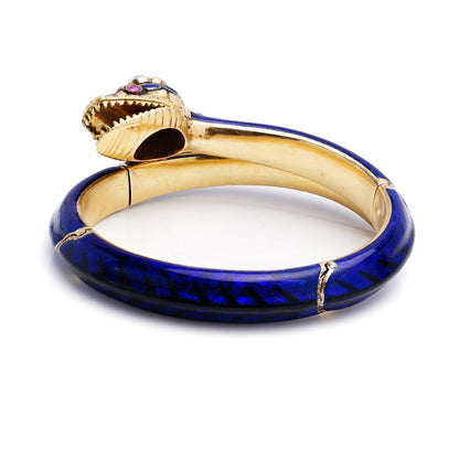 Antique Victorian Gold and Blue Enamel Snake Bangle Bracelet